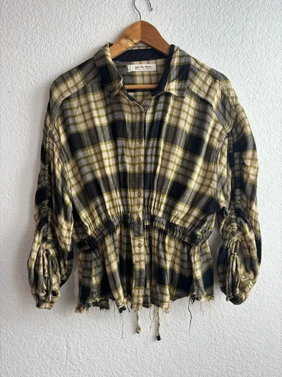 We The Free Yellow and Black Plaid Pacific Drawn Top Medium - Picture 3 of 9